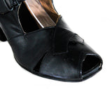 Size 6 Shoes - Chic 1930s Black Leather Open Toe Pumps with Art Deco Criss Cross Style - 6AA Narrow Width - Authentic 30s NOS Deadstock