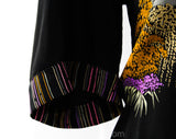 Size 10 Silk Blouse by Bernard Danae Paris - 1980s Flapper Style Black Short Sleeve Top - Tropical Deco Print - 70s 80s Designer - Bust 37
