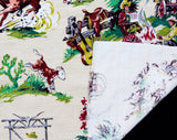 50s Western Novelty Print Barkcloth - 1/2 Yard x 33.5 Inches Wide - Authentic Rare 1950s Cowboy Cotton - Horses Cactus Rodeo Cows Camping