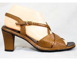 Size 9 Snake Print Sandal - Tan Snakeskin Style 1970s Shoes - Deco Brown Slingback Heels - Peep Toe 70s Hush Puppies - 9N Narrow Deadstock
