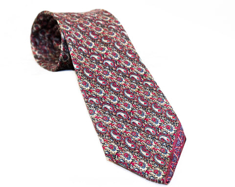 Pierre Cardin Men's Tie - Paisley Silk Necktie - 1960s 70s Designer Neckwear - Brick Red Gray Beige Navy Blue - Spring Summer - Very Fine