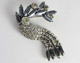 Rhinestone Brooch - Art Deco Style Pin - Gunmetal Gray Mercury Silver Stones with Dangling Fringe - 1970s 1980s - Converts to Pendant