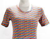 Girl's Large T-Shirt - 1970s Short Sleeve Top - Seashells Novelty Print Summer Tee - Pink Blue Orange Beachy Shirt - Childs 14 - Ladies 0