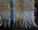 Plaid Mohair Scarf - Sage Green & Blue Artisan Style Woven Wrap - Douglas Tartan 1960s Shawl Made in Scotland - Rectangular Fuzzy Wool