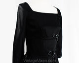 Size 6 Black Satin 50s Party Dress - Small 1950s Cocktail with Sequin Flourishes - Fitted Bodice Square Neckline Full Skirt - Waist 25.5