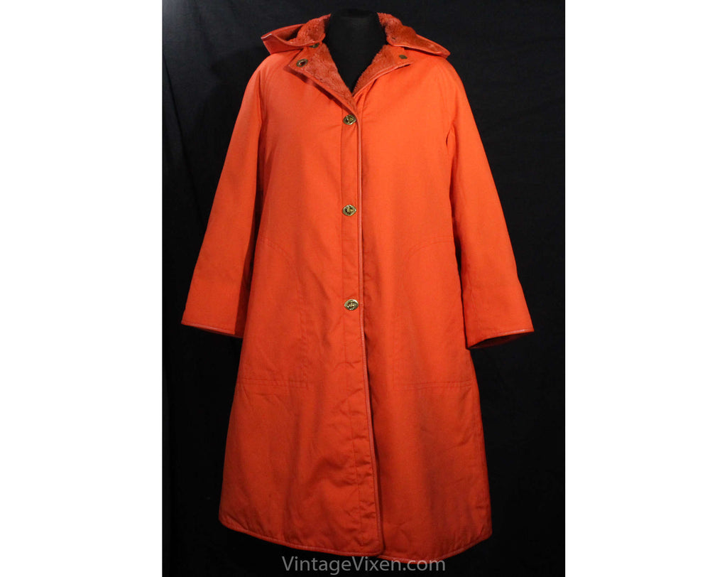Large Bonnie Cashin 1960s Orange Coat with Hood - 60s Designer Overcoat - Canvas & Leather with Big Pockets - Brass Toggles - Bust 39.5