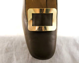 Size 7 Leather Shoes - Unworn 1960s Cocoa Brown Loafer Style Shoe - Big Brassy Metal Faux Buckles - 60s Mod NIB Deadstock - 7AA Narrow
