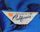 Men's Small Hawaiian Style Shirt - 50s Turquoise Blue & Metallic Gold Hibiscus Print - Short Sleeve Summer 1950s California Label - Chest 38