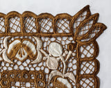 Brown Embroidered Dresser Textile - Table Runner Style Cutwork Embroidery Square - Floral Antique Inspired Doily - Cocoa and Ivory Lattice