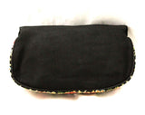 Sweet 1950s Evening Purse - Black Crepe Clutch Bag with Embroidered Pink Floral Panel - 40s 50s Envelope Formal Handbag with Rhinestones