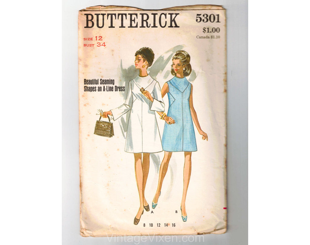 1960s Mod Dress Sewing Pattern - 60s Misses Minimalist Space Age A Line - Sleeveless & Long Bell Sleeves - Complete Bust 34 Butterick 5301
