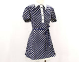 Size 6 Mini Dress - 1960s Dollybird Polka Dot Dress - Cute 60s Go Go Girl - Navy Blue & White Knit with Matching 60s Panty, Belt, Skirt Set