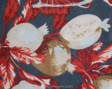 Autumn Fruits Scarf - Pewter Gray & Flame Orange Challis Print Shawl - Large 1980s Square Wrap - Grapes Pomegranates Plums Novelty Print
