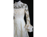 XXS Wedding Dress with Train - Size 0 Champagne Satin & Lace Bridal Gown with Bell Sleeves - 595 Dollar Original Tag - Bust 31.5 - 31811