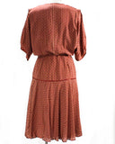 Size 8 Crepe Dress - Chic Peasant Bohemian Dress by Alessandra Roma - Rust Red Orange Blue Rayon Print - Haute Italian Label - Waist to 29