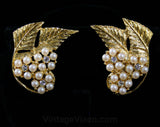 Glam 1950s Earrings - Wing Like - Faux Pearls & Rhinestones - Goldtone Metal Leaves - Celebrity Fashion Jewels - Deadstock on Card - 42406