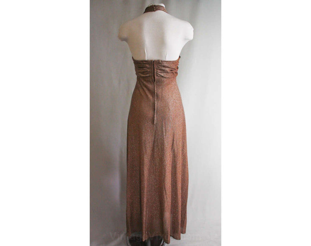 Size 10 Bombshell Dress - Gorgeous 1970s Metallic Mocha Halter Evening Vintage Vixen Clothing Size 10 Bombshell Dress - Gorgeous 1970s Metallic Mocha Halter Evening Vintage Vixen Clothing