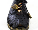 Size 8 1930s Shoe - As Is 30s 40s Black Leather with Deco Cutout Dots & Zig Zag - Lace Up with Faux Snake Tassels - 8AAA Narrow Peep Toe