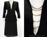Size 6 Film Noir Cocktail - 1940s WWII Era Black Dinner Dress with Sexy Brass Chain Plunge Neckline - 40s Crepe with Peplum - Bust 34.5