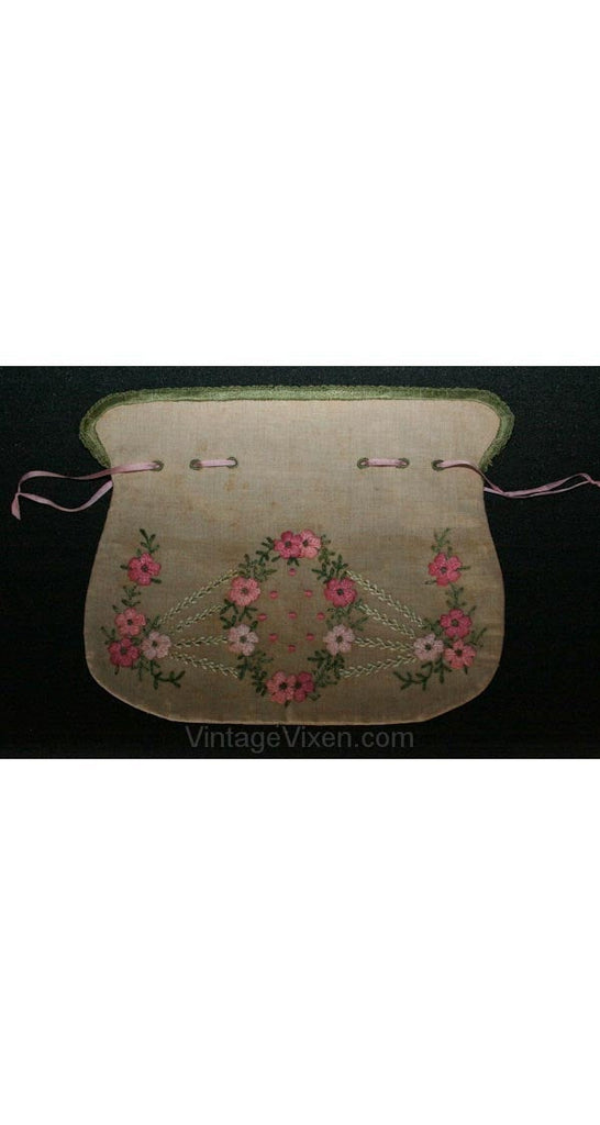 1900s Arts & Crafts Embroidered Linen Purse - Authentic Antique Drawstring Bag - Hand Sewn Pink Embroidery - Regency Style - 26297