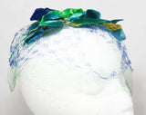 1960s Veiled Hat - 50s 60s Fascinator - Turquoise Blue & Emerald Green Veil - 60's Velvet Leaves Millinery - Bouffant Hairstyle Accent
