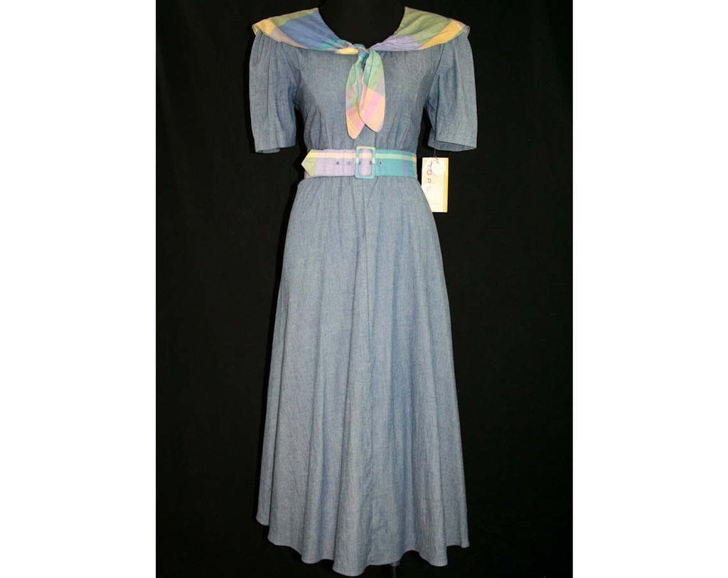 Size 8 Retro Dress - 50s Inspired Denim Chambray Full Skirted Dress - Pastel Picnic Plaid - Sailor Collar - Bust 36 - NOS Deadstock - 41230