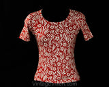 XXXS 1970s T Shirt - Cherry Red & White Tropical Flowers Cotton Knit Tee - Girls Size 10 - Top Quality Summer Top Made in Italy - Bust 29