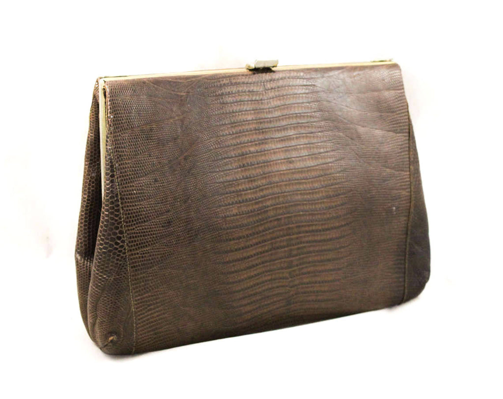 1940s Reptile Handbag - 40s 50s Stylecraft Miami Purse - Brown Lizard Skin 40's Clutch Bag - WWII Era - No Handle As Is Hand Bag - Project