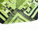 Exquisite Thai Silk Scarf - Luminous Green & Black Elephants Novelty Print - Large Square Wrap - 1950s 1960s Lime Pistachio Chartreuse