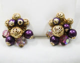 Antique Inspired Purple Necklace & Earrings - Baroque Style 1950s Gold Color Metal Filigree - Faceted Glass - 50s Bauble Clips - 42578