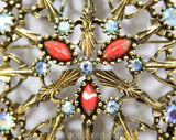 Huge 1960s Baroque Brooch - Marbleized Coral Orange & Rhinestones - 50s 60s Round Pin - Antique Style Gold Tone Metal - Emmons - 50482