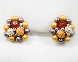 60s Clip Earrings - Saffron Yellow - Lilac Purple - Faux Pearls - Cinnamon Faceted Beads - Goldtone Metal - 1960s - Clips - Clusters - 42599