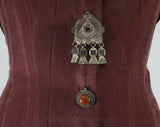 Size 0 Designer Suit - 1980s Sue Wong - Two-Piece Silky Wine Tailored Jacket & Skirt - Primitive Jewelry Accents - High Collar - Waist 24
