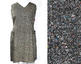 XL 1960s Office Dress - Size 16 Tailored Black & White Tweed with Rainbow Flecks - Sleeveless 50s 60s Secretary Chic with Pockets - Bust 43