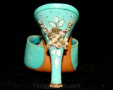 Size 6 Rare Shoes - Aqua Blue 1950s Spring-o-lator Heels with Hand Painted Seashell Detail - Sexy 50s Summer Beach Springolators - 6A Narrow