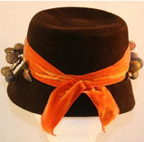 Adorable Chocolate 1960s Hat with Berries & Pumpkin Velvet Ribbon - Bucket Style Autumn Fall Brown Orange - Close Fitting Hat - 32354-1