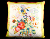 Botanical Floral Pillow - Burnt Orange Chartreuse Pink Blue Roses Iris Poppy Pansies & Ferns - 1960s 1970s - 16 1/2" Square Fine Cotton