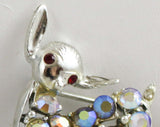 1950s Deer Pin - Rhinestone Brooch with Red Eyes - 50s 60s Novelty Animal Brooch - Woodland Fawn - Aurora Borealis & Silvertone Metal