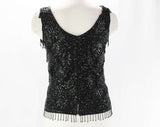 Size 8 Cocktail Top - 1960s Audrey Style Sequins Tank with Lavish Beadwork - Beaded Sleeveless Black Party Blouse - Bust 34.5 - 15703