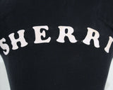 XS Sherri Tee - Size 2 Black Cotton Jersey 70s T Shirt - Kitsch 1970s TShirt - Personalized Name Sherri in Pink Flocked Letters - Bust 32