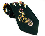 1940s Novelty Print Tie - Violin Music Theme Forest Green Pink & Orange Satin Mens Tie - Wide Swing Era Necktie - Dragonflies Insects