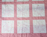 As Is Pink 1940s Childs Quilt - Hand-Sewn & Hand-Embroidered Baby Coverlet - Adorable Kewpie Embroidered Scenes - Large Size 33 x 43 Inches