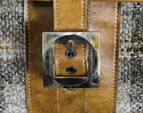 Large 1970s Overnight Bag - XL Handbag Purse - Make-Up Case - Makeup Shoulder Bag - Tweedy Panels & Tan Leathery Vinyl - Light Brown Tote