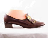 Size 7.5 Leather Loafers - Deadstock 1960s Brown Gladiator Style Shoes with Studded Fringe & Brass Panel - Mod 60s Pumps - 7 1/2 AA Narrow