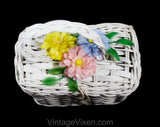 Little Girl's 1960s Box Purse - White Summer Wicker Style 50s 60s Children's Handbag - Pastel Pink Blue & Yellow Plastic Flowers - Doll Size