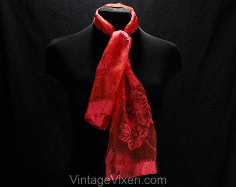 Sheer Flamingo Pink Scarf - 1950s 60s Nylon Scarf for Bouffant Hairstyle or Neck - Tropical Flowers & Ivy Vine Leaves - Rectangular - 49774