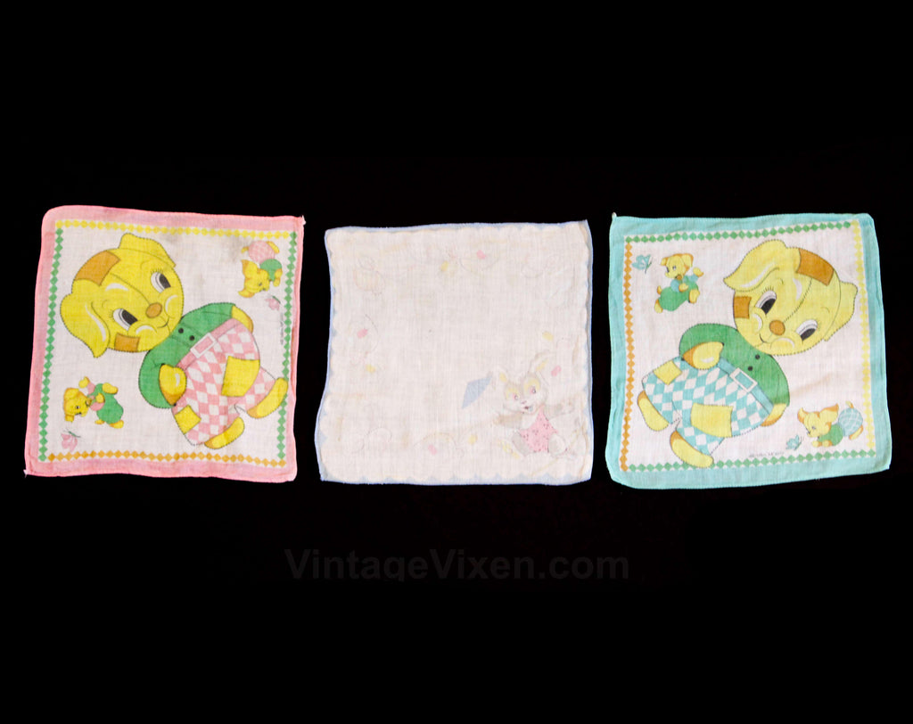 Children's Handkerchief Lot of 3 - 40s 50s Child's Novelty Print Cotton Hanky - Yellow & Pink Puppy Dogs - Tight Rope Circus Bunny - 49679