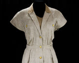 Size 8 Valentino Linen Dress - Tailored Khaki Short Sleeve ShirtDress - Made in Italy - 1980s Designer Miss V Label - Beige Office - Bust 40