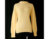 Men's Small Sweater - 1960s Wheat Wool Pullover with Purple Logo - Beige Knit Long Sleeve Top - Ladies 9 10 - Waist 28 - Deadstock - 40409