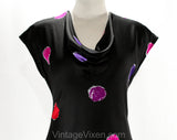 Size 6 Silk Top - Late 1970s Black Dots Print Sexy Shirt - Small 70s Cap Sleeve Blouse - Red Purple Pink - Basile Italy - Bust 34 - 50079